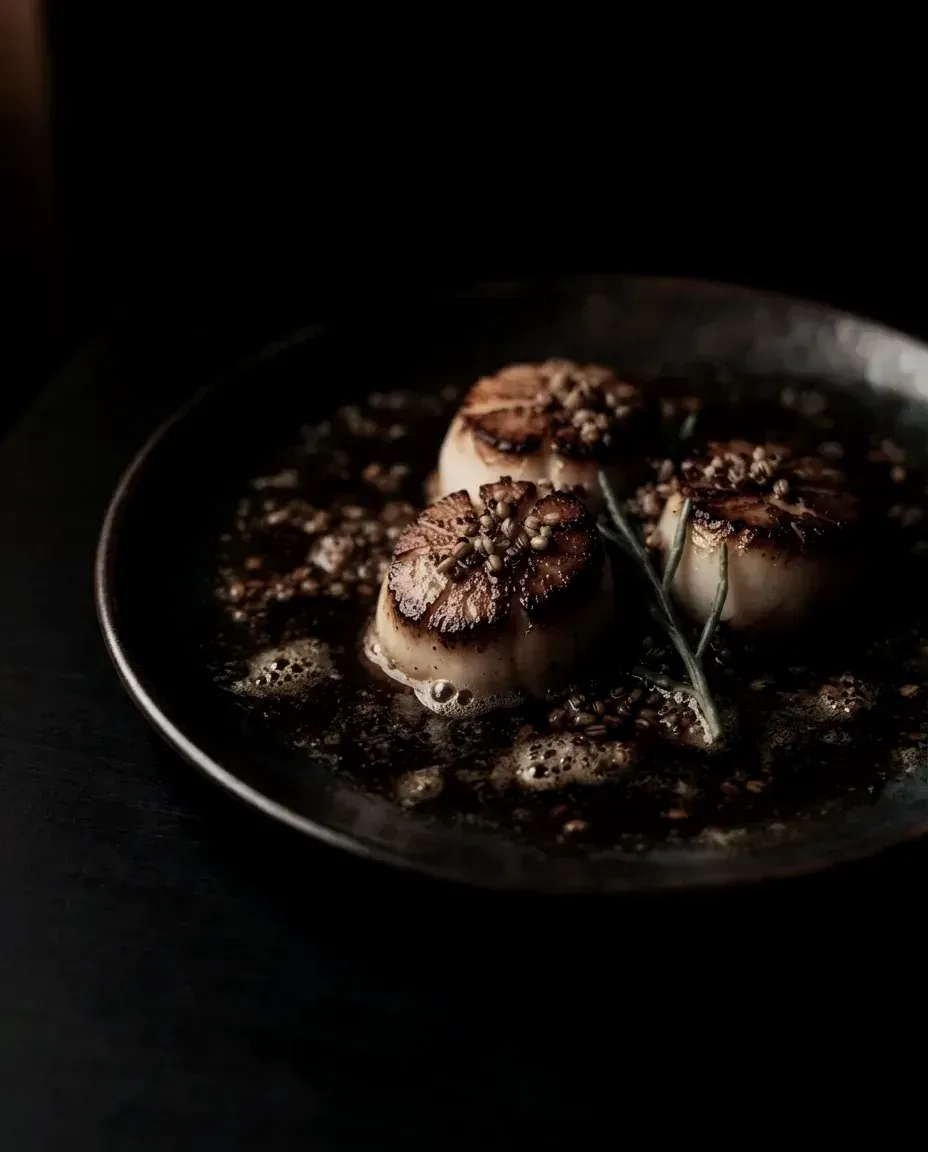 Three seared scallops in a pool of nut-brown butter with toasted grains on a dark ceramic plate