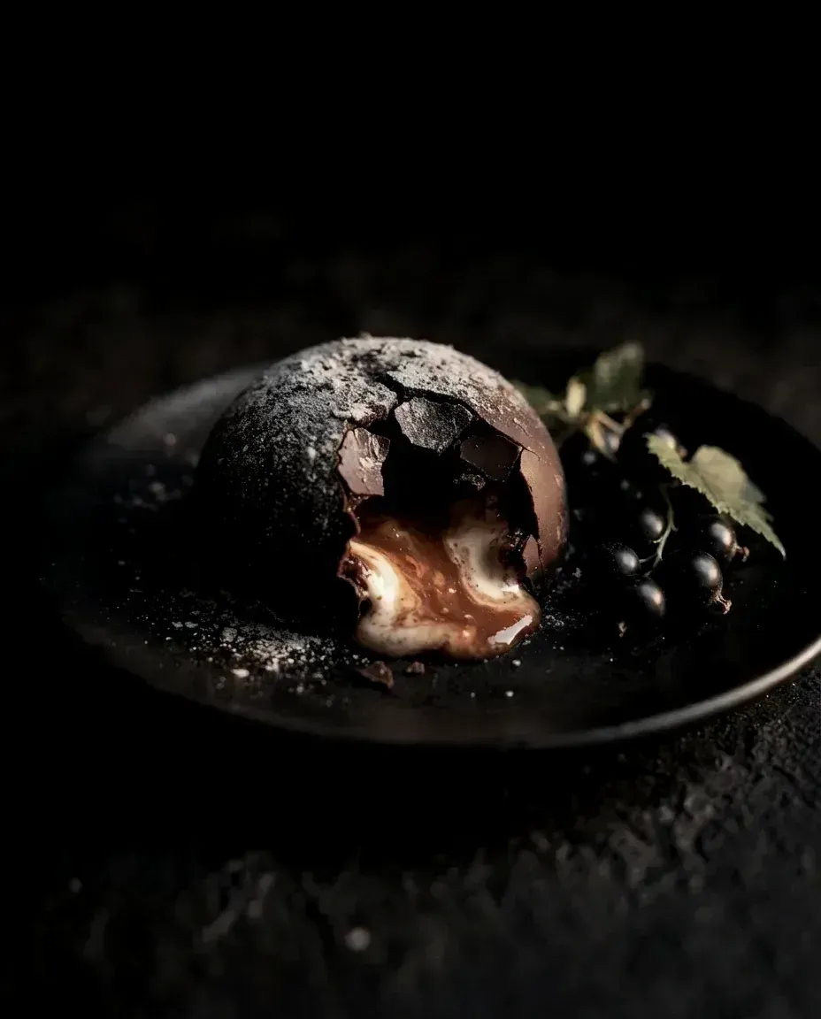 A dark chocolate dome dusted with birch ash, cracked to a molten burnt-honey centre, with blackcurrants